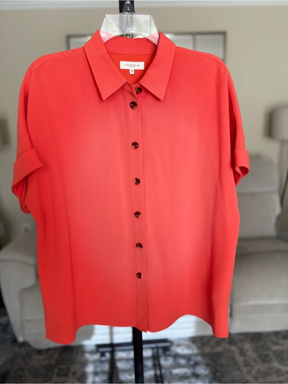 Lafayette 148 New York Bright Coral Button-Down Shirt - Picture 6 of 8